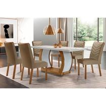 Conjunto: Mesa de Cozinha Jade Tampo Madeirado c/ Vidro Canto Curvo 180x90 e 6 Cadeiras Londrina Imbuia/Off White - Suede Capuccino - Rufato Conjunto: Mesa de Cozinha Jade Tampo Madeirado c/ Vidro Canto Curvo 180x90 e 6 Cadeiras Londrina Imbuia/Off White - Suede Capuccino - Rufato