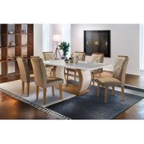 Conjunto: Mesa de Cozinha Jade Tampo Madeirado c/ Vidro Canto Curvo 180x90cm e 6 Cadeiras Melissa Imbuia/Suede Capuccino - Rufato Conjunto: Mesa de Cozinha Jade Tampo Madeirado c/ Vidro Canto Curvo 180x90cm e 6 Cadeiras Melissa Imbuia/Suede Capuccino - Rufato
