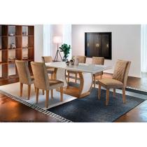 Conjunto: Mesa de Cozinha Jade Tampo Madeirado c/ Vidro Canto Reto 180x90cm e 6 Cadeiras Jade Imbuia/Off White - Suede Capuccino - Rufato