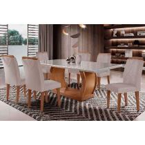 Conjunto: Mesa de Cozinha Jade Tampo Madeirado c/ Vidro Curvo 180x90 e 6 Cadeiras Amsterdã Imbuia/Suede Creme - Rufato