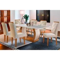 Conjunto: Mesa de Cozinha Jade Tampo Madeirado c/ Vidro Curvo 180x90 e 6 Cadeiras Melissa Imbuia/Suede Creme - Rufato