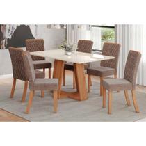 Conjunto: Mesa de Cozinha Lins c/ Tampo Madeirado c/ Vidro 160x90cm e 6 Cadeiras Esther Nature/Linho Cacao - Henn