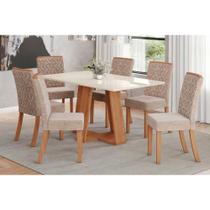 Conjunto: Mesa de Cozinha Lins c/ Tampo Madeirado c/ Vidro 160x90cm e 6 Cadeiras Esther Nature/Linho Creme - Henn