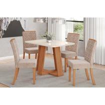 Conjunto: Mesa de Cozinha Lins c/ Tampo Madeirado c/ Vidro Curvo 120x80cm e 4 Cadeiras Esther Nature/Linho Creme - Henn