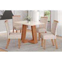 Conjunto: Mesa de Cozinha Lins c/ Tampo Madeirado c/ Vidro Curvo 120x80cm e 4 Cadeiras Malu Nature/Linho - Henn