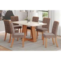 Conjunto: Mesa de Cozinha Lins c/ Tampo Madeirado c/ Vidro Curvo 160x90cm e 6 Cadeiras Esther Nature/Linho Cacao - Henn
