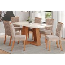 Conjunto: Mesa de Cozinha Lins c/ Tampo Madeirado c/ Vidro Curvo 180x90cm e 6 Cadeiras Esther Nature/Linho Creme - Henn Conjunto: Mesa de Cozinha Lins c/ Tampo Madeirado c/ Vidro Curvo 180x90cm e 6 Cadeiras Esther Nature/Linho Creme - Henn