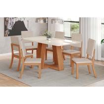 Conjunto: Mesa de Cozinha Lins c/ Tampo Madeirado c/ Vidro Curvo 180x90cm e 6 Cadeiras Milla Nature/Linho - Henn