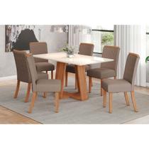 Conjunto: Mesa de Cozinha Lins c/ Tampo Madeirado Reto 160x90cm e 6 Cadeiras Malu Nature/Suede Light Marrom Amendoa - Henn