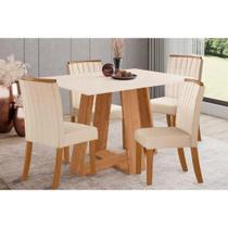 Conjunto: Mesa de Cozinha Lins SC91 Tampo Madeirado c/ Vidro Canto Reto 120x80cm e 4 Cadeiras Tauá Nature/Linho - Henn