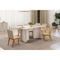Conjunto: Mesa de Cozinha Liz c/ Tampo Madeirado c/ Vidro Curvo 180x100cm e 6 Cadeiras Sofia Off White - Ipe/Linho Bege - DJ Móveis
