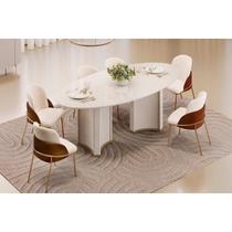 Conjunto: Mesa de Cozinha Liz c/ Tampo Madeirado c/ Vidro Oval 218x108cm e 6 Cadeiras Vitta Off White - Boucle Perola/Terracota - DJ Móveis Conjunto: Mesa de Cozinha Liz c/ Tampo Madeirado c/ Vidro Oval 218x108cm e 6 Cadeiras Vitta Off White - Boucle Perola/Terracota - DJ Móveis
