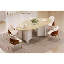 Conjunto: Mesa de Cozinha Liz c/ Tampo Madeirado c/ Vidro Oval 218x108cm e 6 Cadeiras Vitta Off White/Dourado - Boucle Perola/Terracota - DJ Móveis