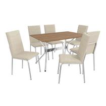 Conjunto: Mesa de Cozinha Loire c/ Tampo de Madeira 1.60 cm e 6 Cadeiras Amsterdã Cromada/Nogueira - Courano Bege - Kappesberg