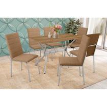 Conjunto: Mesa de Cozinha Loire c/ Tampo de Madeira 160cm e 6 Cadeiras Amsterdã Cromada/Capuccino - Kappesberg