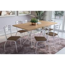 Conjunto: Mesa de Cozinha Loire c/ Tampo de Madeira 160cm e 6 Cadeiras Portugal Cromada/Nogueira - Corano Capuccino - Kappesberg Conjunto: Mesa de Cozinha Loire c/ Tampo de Madeira 160cm e 6 Cadeiras Portugal Cromada/Nogueira - Corano Capuccino - Kappesberg