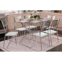 Conjunto: Mesa de Cozinha Loire c/ Tampo de Vidro 120cm + 6 Cadeiras Nápoles Cromada/Branco - Kappesberg