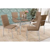 Conjunto: Mesa de Cozinha Loire c/ Tampo de Vidro 120x80cm e 6 Cadeiras Amsterdã Cromada - Courano Capuccino - Kappesberg Conjunto: Mesa de Cozinha Loire c/ Tampo de Vidro 120x80cm e 6 Cadeiras Amsterdã Cromada - Courano Capuccino - Kappesberg
