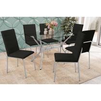 Conjunto: Mesa de Cozinha Loire c/ Tampo de Vidro 120x80cm e 6 Cadeiras Amsterdã Cromada - Courano Preto - Kappesberg