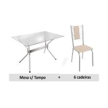 Conjunto: Mesa de Cozinha Loire c/ Tampo de Vidro 150cm + 6 Cadeiras Lisboa Cromada/Nude - Kappesberg