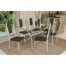 Conjunto: Mesa de Cozinha Loire c/ Tampo de Vidro 150cm + 6 Cadeiras Lisboa Cromado/Marrom - Kappesberg