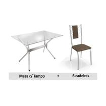 Conjunto: Mesa de Cozinha Loire c/ Tampo de Vidro 150cm + 6 Cadeiras Lisboa Cromado/Marrom - Kappesberg