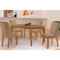 Conjunto: Mesa de Cozinha Londrina c/ Tampo Madeirado c/ Vidro Canto Curvo 120x80cm 4 Cadeiras Dakota Naturale/Off White - Corano Capuccino - Rufato Conjunto: Mesa de Cozinha Londrina c/ Tampo Madeirado c/ Vidro Canto Curvo 120x80cm 4 Cadeiras Dakota Naturale/Off White - Corano Capuccino - Rufato