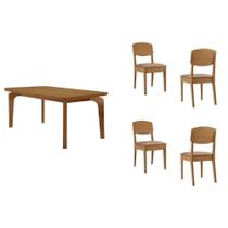 Conjunto: Mesa de Cozinha Londrina c/ Tampo Madeirado c/ Vidro Canto Curvo 120x80cm 4 Cadeiras Havana Naturale/Off White - Linho Capuccino - Rufato