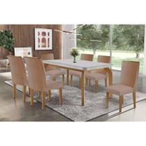Conjunto: Mesa de Cozinha Londrina c/ Tampo Madeirado c/ Vidro Canto Curvo 180x90cm e 6 Cadeiras Dakota Naturale/Off White - Linho Capuccino - Rufato Conjunto: Mesa de Cozinha Londrina c/ Tampo Madeirado c/ Vidro Canto Curvo 180x90cm e 6 Cadeiras Dakota Naturale/Off White - Linho Capuccino - Rufato