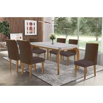 Conjunto: Mesa de Cozinha Londrina c/ Tampo Madeirado c/ Vidro Canto Curvo 180x90cm e 6 Cadeiras Dakota Naturale/Off White - Suede Marrom - Rufato Conjunto: Mesa de Cozinha Londrina c/ Tampo Madeirado c/ Vidro Canto Curvo 180x90cm e 6 Cadeiras Dakota Naturale/Off White - Suede Marrom - Rufato