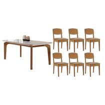 Conjunto: Mesa de Cozinha Londrina c/ Tampo Madeirado c/ Vidro Canto Curvo 180x90cm e 6 Cadeiras Havana Naturale/Off White - Corano Capuccino - Rufato Conjunto: Mesa de Cozinha Londrina c/ Tampo Madeirado c/ Vidro Canto Curvo 180x90cm e 6 Cadeiras Havana Naturale/Off White - Corano Capuccino - Rufato