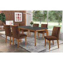 Conjunto: Mesa de Cozinha Londrina c/ Tampo Madeirado c/ Vidro Canto Curvo 180x90cm e 6 cadeiras Jade Imbuia/Grafite - Suede Marrom - Rufato Conjunto: Mesa de Cozinha Londrina c/ Tampo Madeirado c/ Vidro Canto Curvo 180x90cm e 6 cadeiras Jade Imbuia/Grafite - Suede Marrom - Rufato