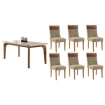 Conjunto: Mesa de Cozinha Londrina c/ Tampo Madeirado c/ Vidro Canto Curvo 180x90cm e 6 Cadeiras Jaspe Naturale/Off White - Linho Bege - Rufato Conjunto: Mesa de Cozinha Londrina c/ Tampo Madeirado c/ Vidro Canto Curvo 180x90cm e 6 Cadeiras Jaspe Naturale/Off White - Linho Bege - Rufato
