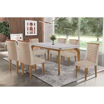 Conjunto: Mesa de Cozinha Londrina c/ Tampo Madeirado c/ Vidro Canto Curvo 180x90cm e 6 Cadeiras Maldivas Naturale/Off White - Suede Creme - Rufato