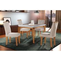 Conjunto: Mesa de Cozinha Londrina c/ Tampo Madeirado c/ Vidro Canto Reto 120x80cm e 4 cadeiras Amsterdã Imbuia/Off White - Suede Creme - Rufato Conjunto: Mesa de Cozinha Londrina c/ Tampo Madeirado c/ Vidro Canto Reto 120x80cm e 4 cadeiras Amsterdã Imbuia/Off White - Suede Creme - Rufato