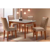 Conjunto: Mesa de Cozinha Londrina c/ Tampo Madeirado c/ Vidro Canto Reto 120x80cm e 4 cadeiras Londrina Imbuia/Off White - Suede Capuccino - Rufato