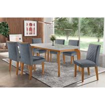 Conjunto: Mesa de Cozinha Londrina c/ Tampo Madeirado c/ Vidro Canto Reto 180x90cm e 6 cadeiras Jade Capuccino/Suede Grafite - Rufato Conjunto: Mesa de Cozinha Londrina c/ Tampo Madeirado c/ Vidro Canto Reto 180x90cm e 6 cadeiras Jade Capuccino/Suede Grafite - Rufato