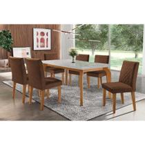 Conjunto: Mesa de Cozinha Londrina c/ Tampo Madeirado c/ Vidro Canto Reto 180x90cm e 6 cadeiras Jade Imbuia-Capuccino/Suede Marrom - Rufato Conjunto: Mesa de Cozinha Londrina c/ Tampo Madeirado c/ Vidro Canto Reto 180x90cm e 6 cadeiras Jade Imbuia-Capuccino/Suede Marrom - Rufato