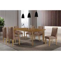 Conjunto: Mesa de Cozinha Londrina c/ Tampo Madeirado Canto Curvo 180x90cm e 6 Cadeiras Dafne Naturale - Corano Capuccino - Rufato