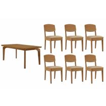 Conjunto: Mesa de Cozinha Londrina c/ Tampo Madeirado Canto Curvo 180x90cm e 6 Cadeiras Havana Naturale - Linho Bege - Rufato