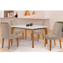 Conjunto: Mesa de Cozinha Londrina Tampo c/ Vidro Curvo 120cm 4 Cadeiras Dakota Madeira Naturale/Off White - Capuccino/Corano Capuccino - Rufato Conjunto: Mesa de Cozinha Londrina Tampo c/ Vidro Curvo 120cm 4 Cadeiras Dakota Madeira Naturale/Off White - Capuccino/Corano Capuccino - Rufato