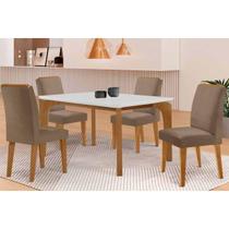 Conjunto: Mesa de Cozinha Londrina Tampo c/ Vidro Curvo 120cm 4 Cadeiras Dakota Madeira Naturale/Off White - Capuccino/Suede Capuccino - Rufato Conjunto: Mesa de Cozinha Londrina Tampo c/ Vidro Curvo 120cm 4 Cadeiras Dakota Madeira Naturale/Off White - Capuccino/Suede Capuccino - Rufato