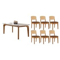 Conjunto: Mesa de Cozinha Londrina Tampo c/ Vidro Curvo 180cm+6 Cadeiras Havana Naturale/Off White - Suede Marrom - Rufato Conjunto: Mesa de Cozinha Londrina Tampo c/ Vidro Curvo 180cm+6 Cadeiras Havana Naturale/Off White - Suede Marrom - Rufato