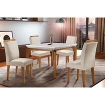 Conjunto: Mesa de Cozinha Londrina Tampo Madeirado c/ Vidro 120x80cm e 4 Cadeiras Athenas Capuccino/Suede Creme - Rufato