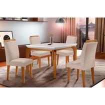 Conjunto: Mesa de Cozinha Londrina Tampo Madeirado c/ Vidro 120x80cm e 4 Cadeiras Athenas Capuccino/Suede Creme - Rufato