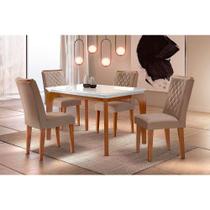 Conjunto: Mesa de Cozinha Londrina Tampo Madeirado c/ Vidro 120x80cm e 4 Cadeiras Jade Capuccino/Linho Bege Turim - Rufato