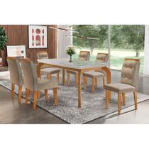 Conjunto: Mesa de Cozinha Londrina Tampo Madeirado c/ Vidro 180x90cm e 6 Cadeiras Imperatriz Capuccino/Linho Bege Turim - Rufato