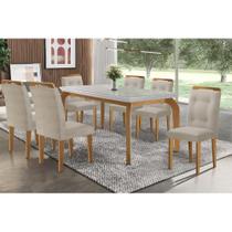 Conjunto: Mesa de Cozinha Londrina Tampo Madeirado c/ Vidro 180x90cm e 6 Cadeiras Imperatriz Capuccino/Linho Bege Turim - Rufato