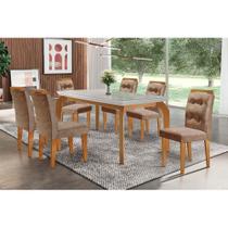 Conjunto: Mesa de Cozinha Londrina Tampo Madeirado c/ Vidro 180x90cm e 6 Cadeiras Imperatriz Imbuia/Suede Capuccino - Rufato