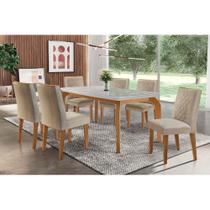 Conjunto: Mesa de Cozinha Londrina Tampo Madeirado c/ Vidro 180x90cm e 6 Cadeiras Jade Capuccino/Linho Bege Turim - Rufato